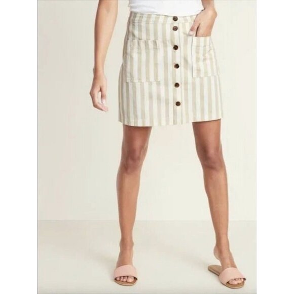 Old Navy Dresses & Skirts - Old Navy Skirt Beige Tan Stripe A Line Pocket Mini Button Front